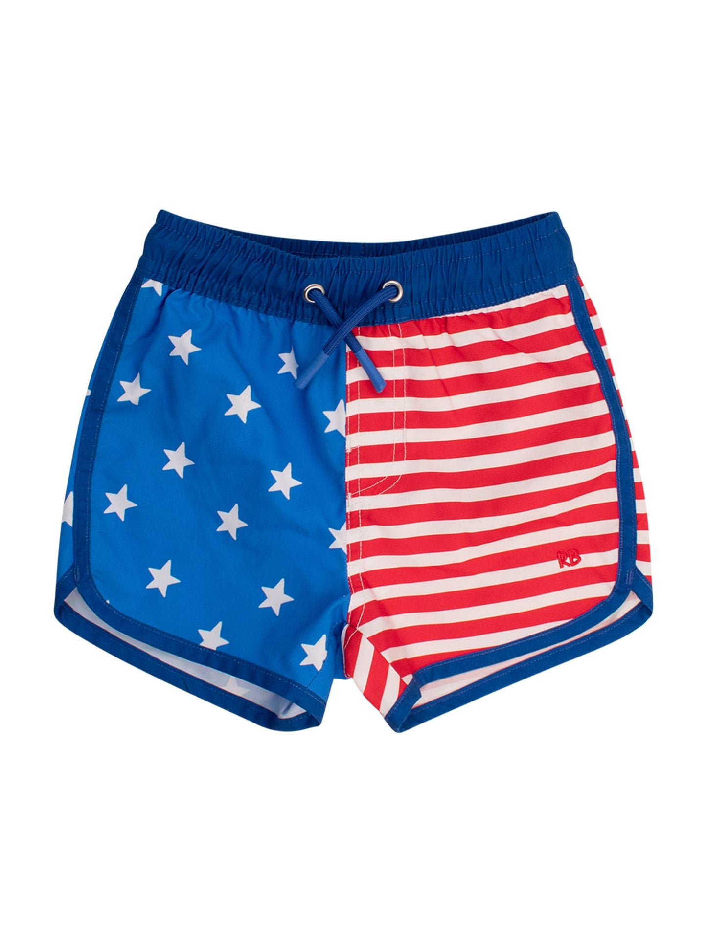 A pair of boys' swim trunks with a stars and stripes pattern and a dolphin hem design.