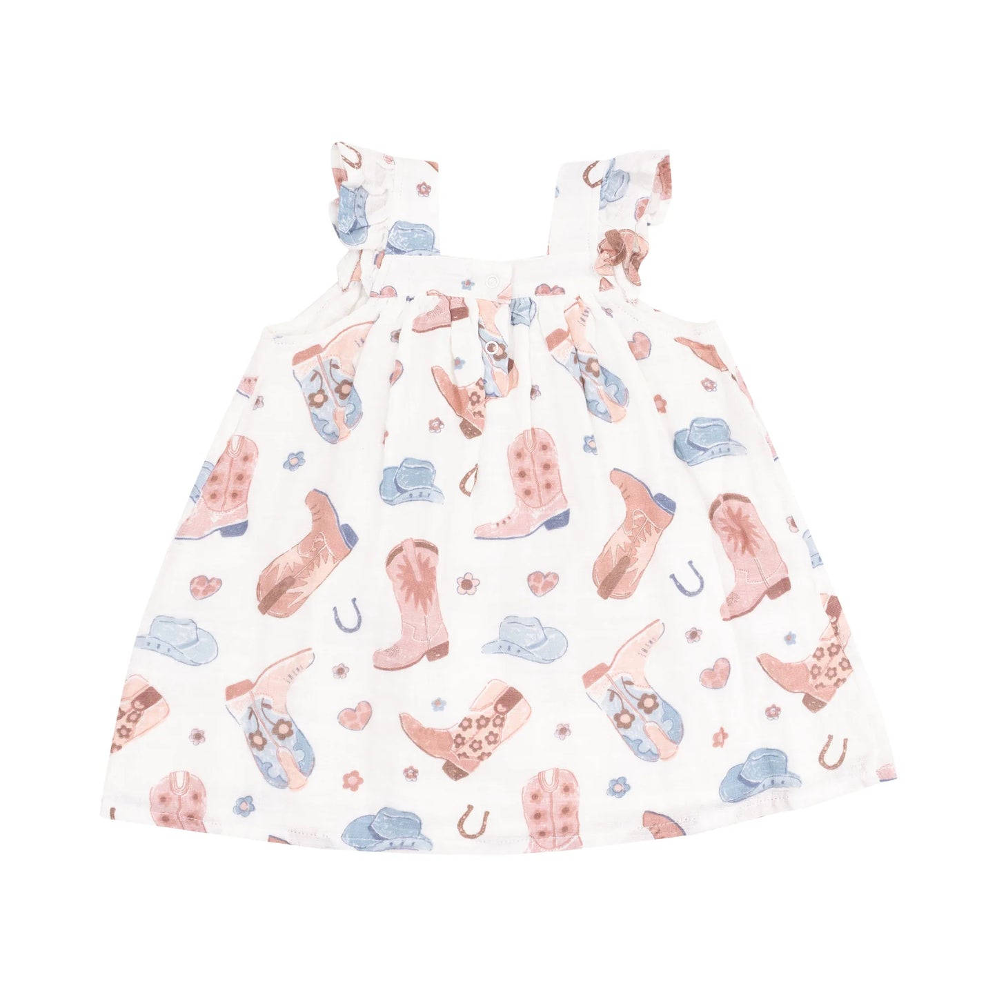 Back image of organic cotton muslin Cowboy Boots Pink Sundress