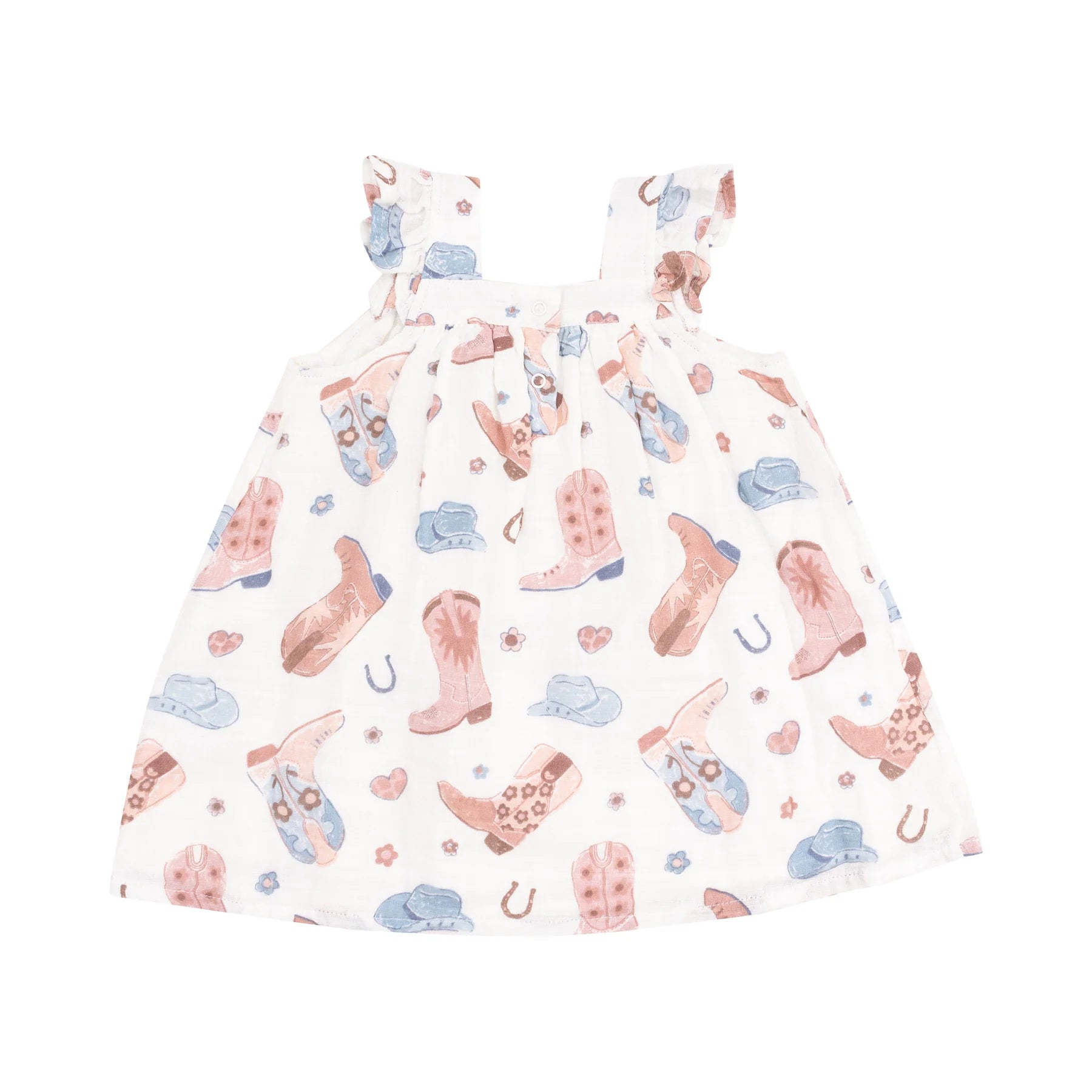 Back image of organic cotton muslin Cowboy Boots Pink Sundress