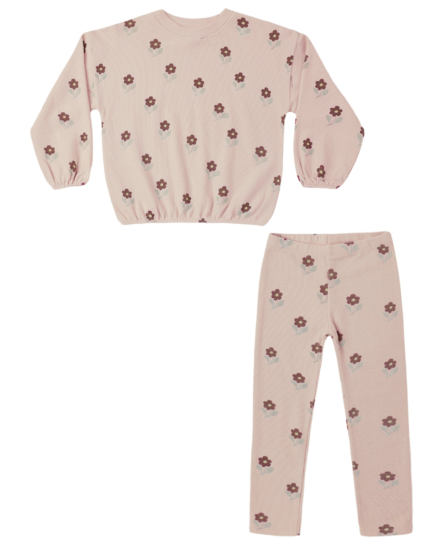 Children's pink outfit with floral pattern on a white background