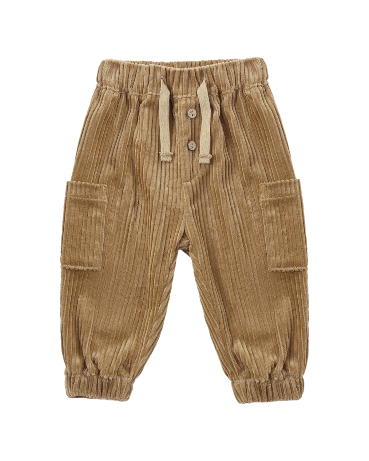 A pair of toddler corduroy pants in a warm tan color, featuring an elastic waistband with drawstrings, button details, and side cargo pockets, shown against a plain white background.