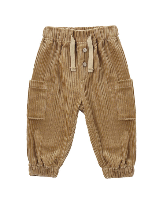A pair of toddler corduroy pants in a warm tan color, featuring an elastic waistband with drawstrings, button details, and side cargo pockets, shown against a plain white background.