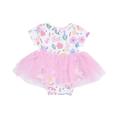 Twirly Short Sleeve Tutu Bodysuit Dress - Easter Bunnies Pink