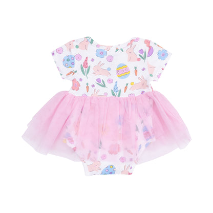 Twirly Short Sleeve Tutu Bodysuit Dress - Easter Bunnies Pink