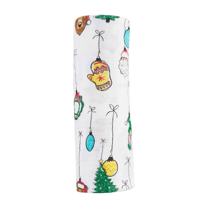 White Christmas Ornament Swaddle Blanket. Measuring 47" x 47", it provides ample space for swaddling, cuddling, and more. Made from 100% Cotton.